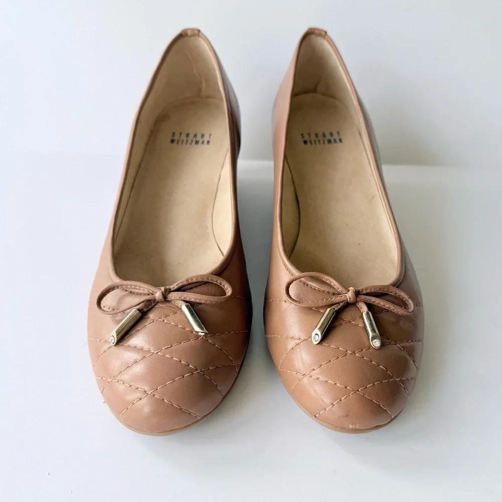 Stuart Weitzman Quilty Wedge in Camel / Tan Leather with Rhinestone Detail Bow 8 - Picture 4 of 16